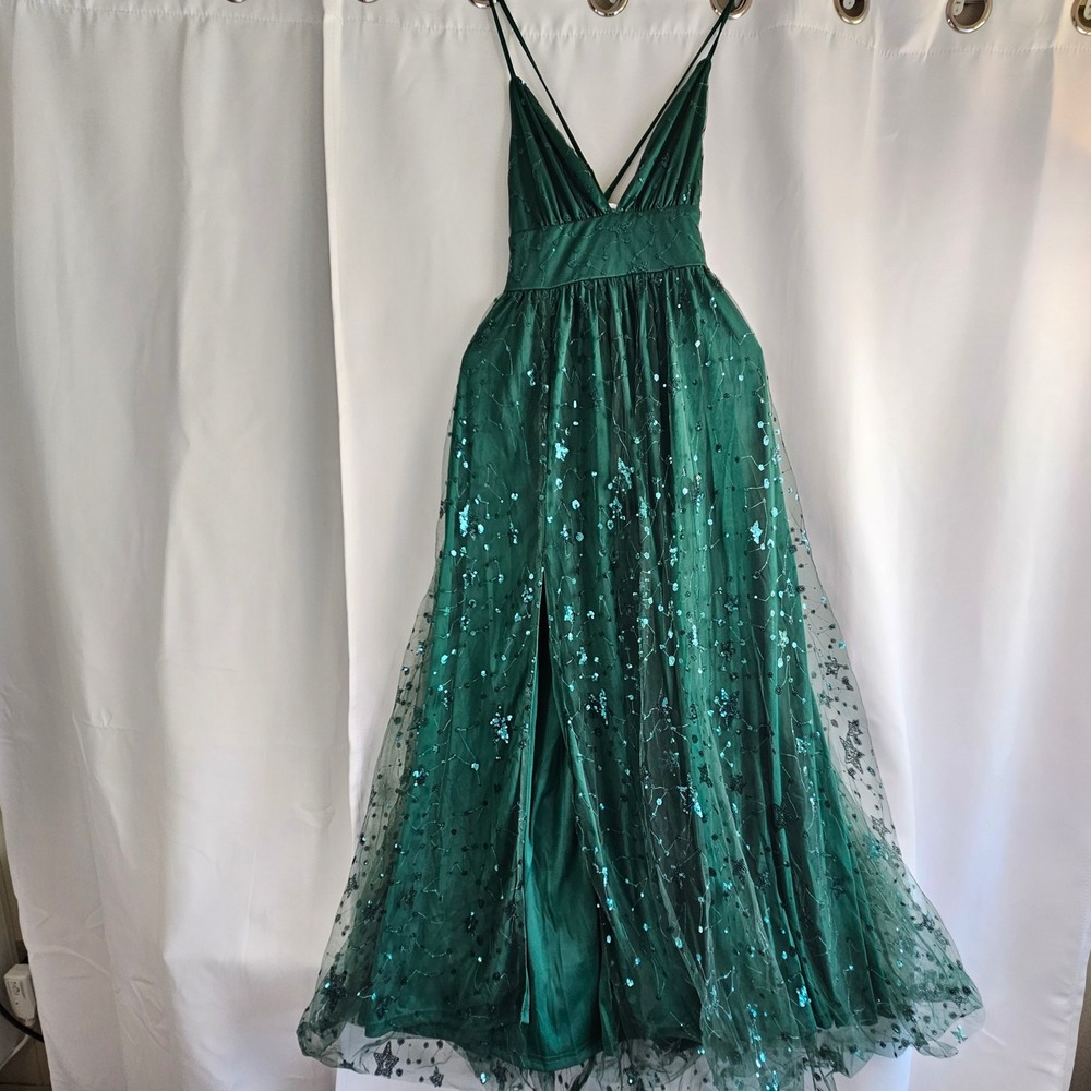 Celestial Green Sequin Star Constellation Whimsigoth Maxi Dress Fairycore Gown